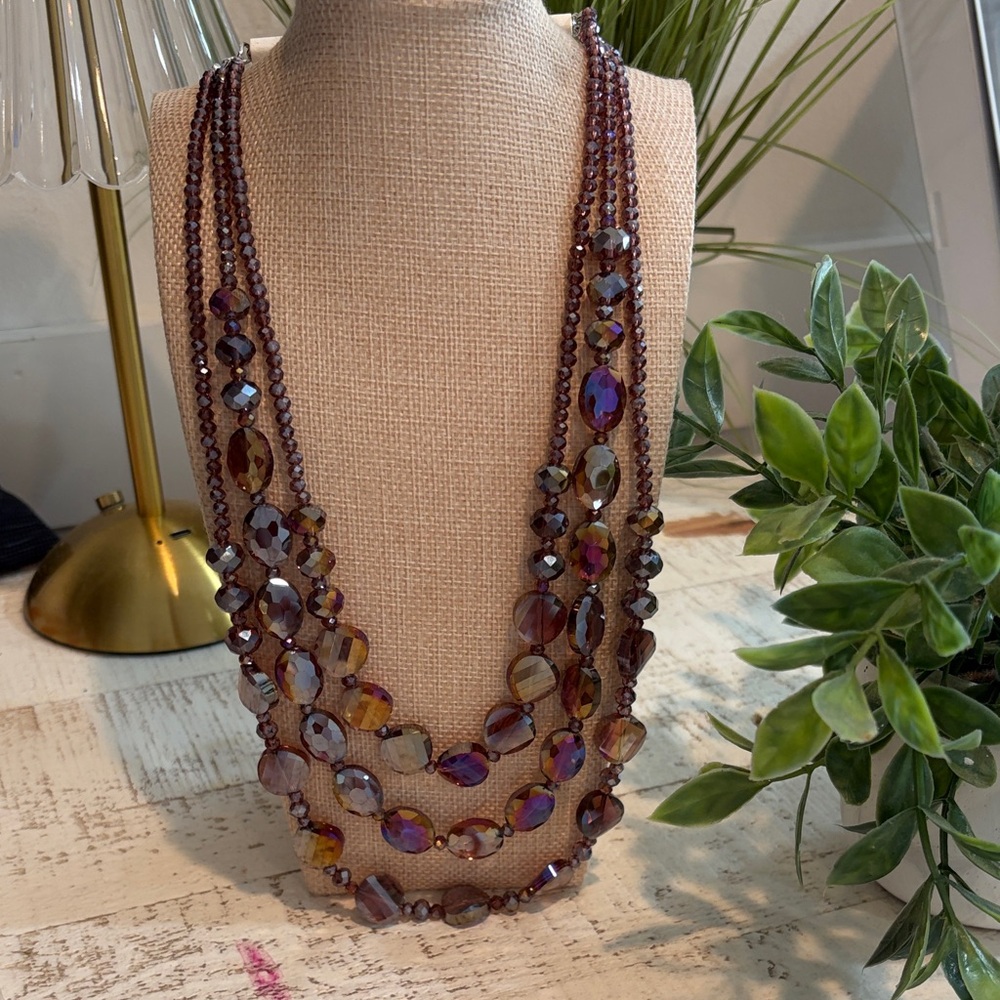 Elegant Multi-Layered Purple Glass  Necklace with matching earrings